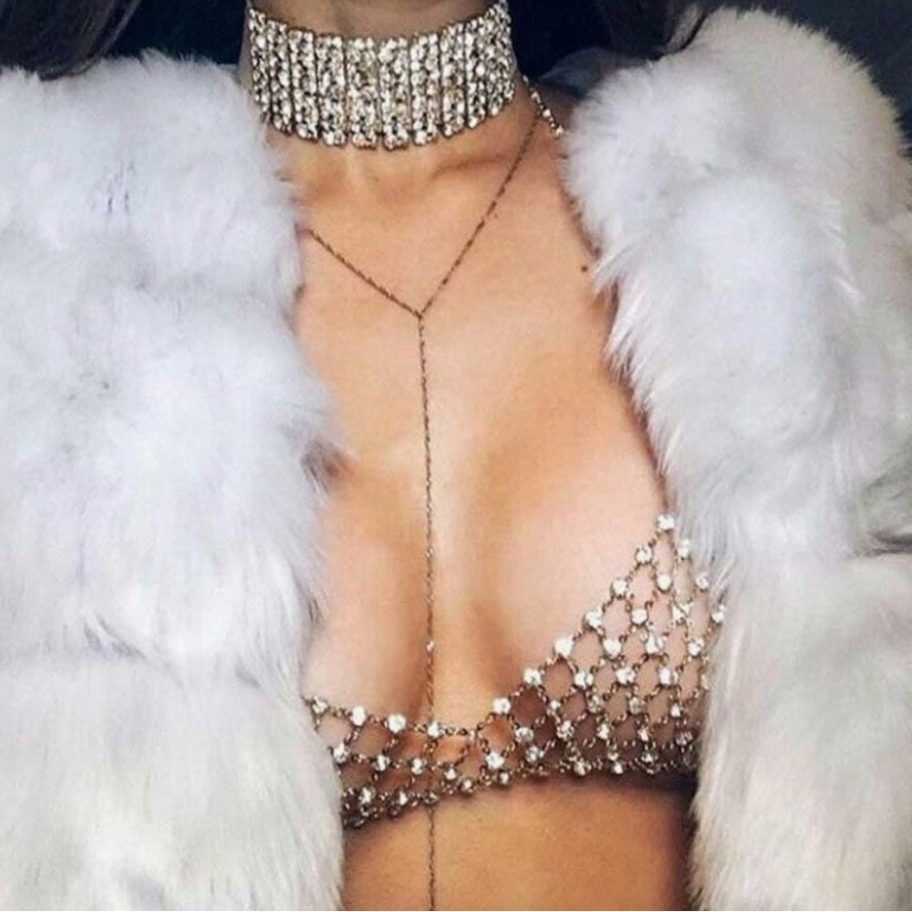 Crystal rhinestone silver bra harness top bikini rave festival harness y2k retro